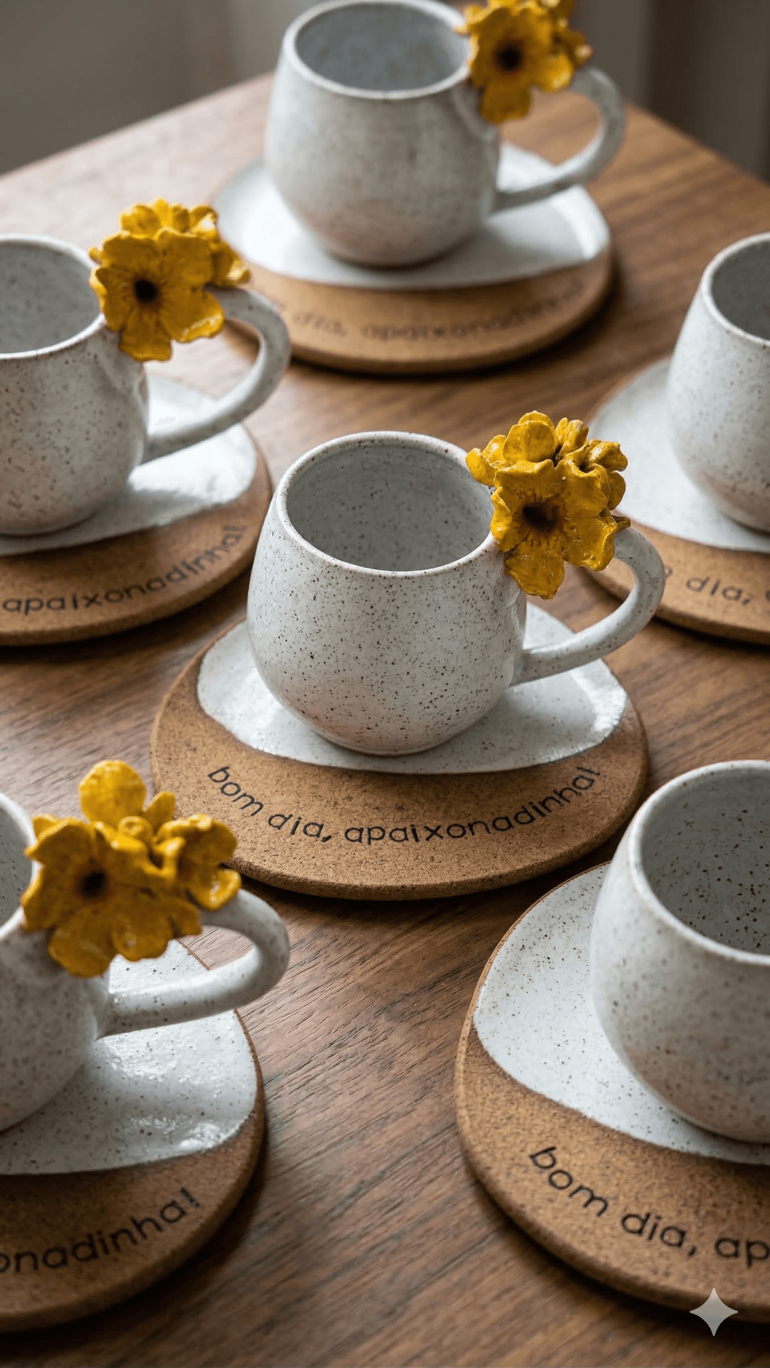 Xícara A Apaixonadinha — vista geral com flores amarelas